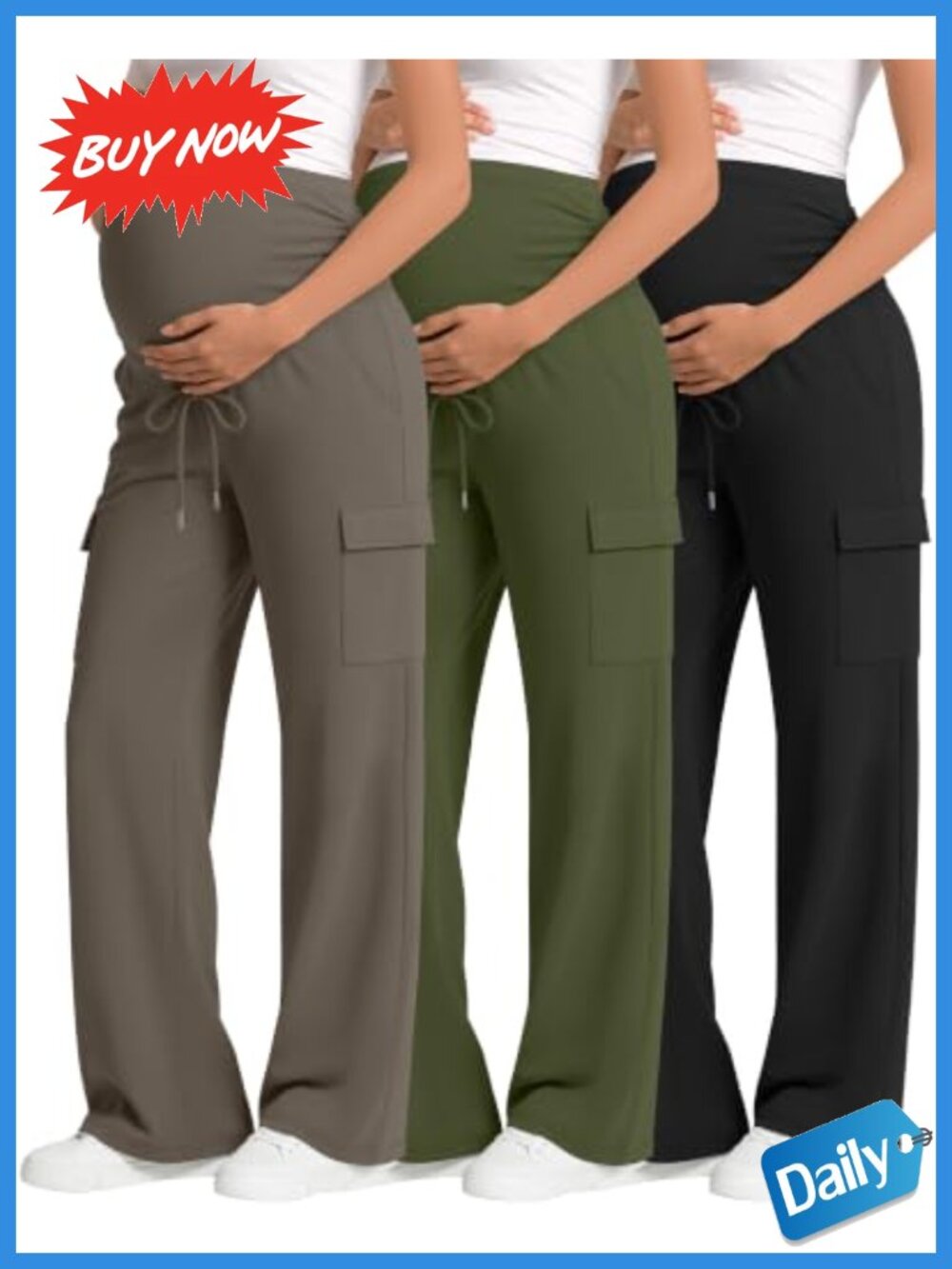 Maternity Cargo Pants 3 Pack Pregnancy Sweatpants Wide Leg Stretch